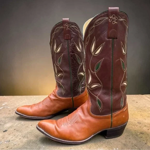 1970s • Ralph Lauren Leaf Inlay • Men’s 9.5 D Vintage Cowboy Western Boots